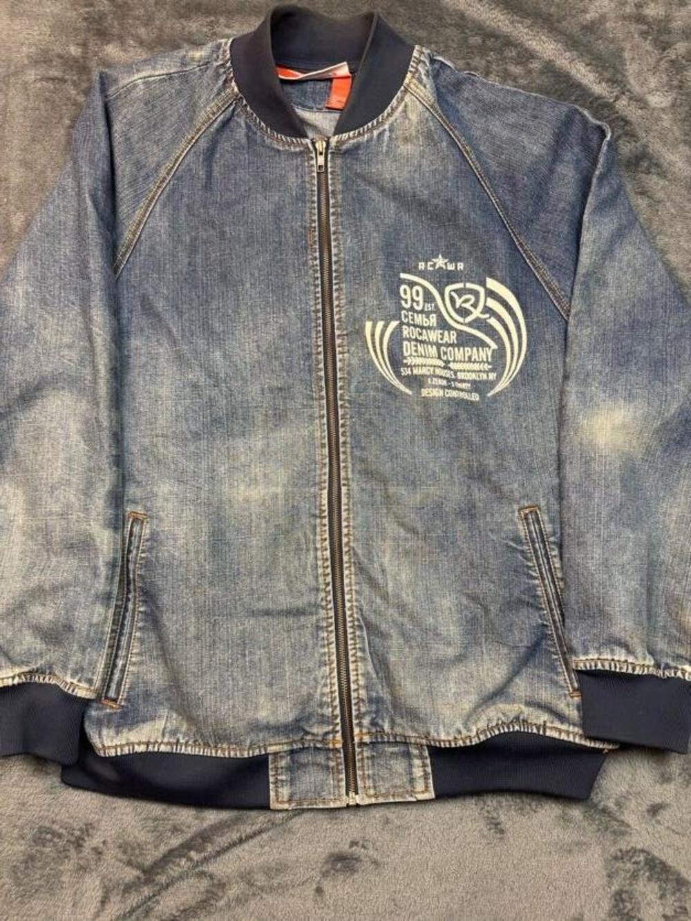 Rocawear Jacket Mens 2XL Blue Denim Bomber Full Zip Graphic Hip Hop Streetwear